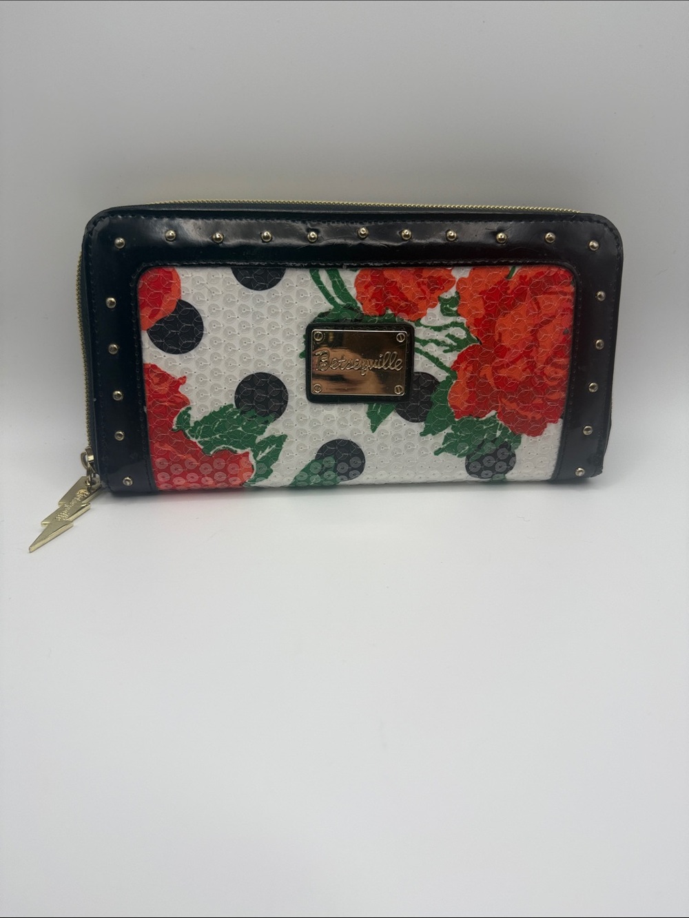 Vintage Betsey Johnson Betsyville Rose Print Polka Dot Sequin Zip Wallet